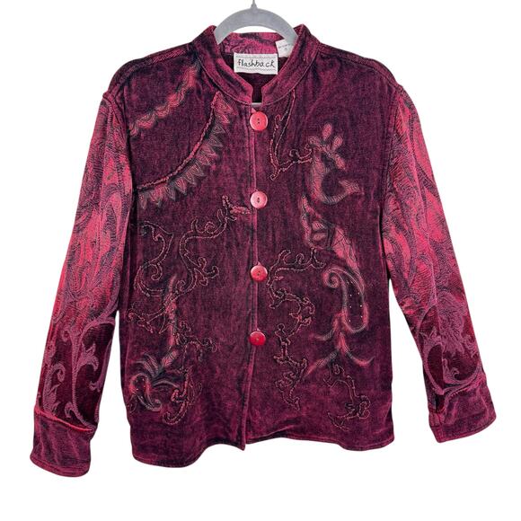 Flashback Vintage Red Cotton Blend Tapestry Embroidery Beaded Button Up Jacket M - Picture 1 of 8